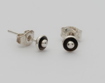 Oxidized Sterling Silver Stud Earrings: Ball in Cup Design, Minimalist Jewelry