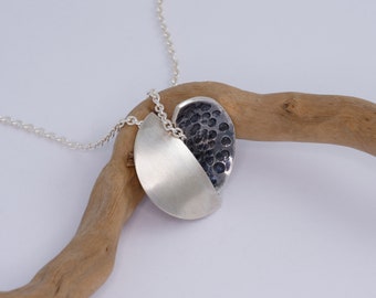 Oxidized Sterling Silver Halfmoon Pendant: Hand Forged Designer Necklace