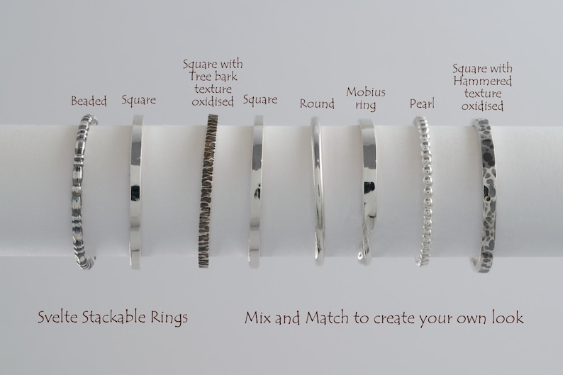 Zilver Stapelbaar ring 1,5mm vierkant draad Gehamerde textuur geoxideerd, Minimalistich Mix & Match Perfect Cadeau Gepolijst 925 Stapelring afbeelding 3