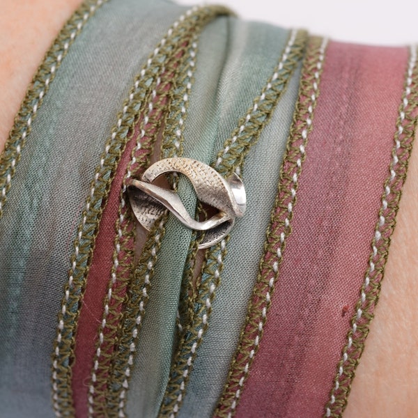 Habotai Silk Ribbon Wrap Bracelet with unique handmade Sterling Silver Accent Jewel Feel Feminine romantic and uniquely elegant