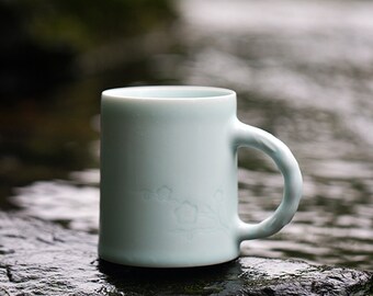 Handmade oval coffee mug,personalized,Clay mugs,Pottery coffee mug,tumbler,tea cup,turqoise mug,green pines mug,art mugs,coffee lover gift,