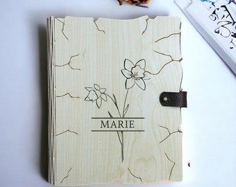 Journal en bois personnalisé, Cadeau d'anniversaire, Journal fleur de naissance, journal personnalisé avec nom, Cadeau fleur de naissance