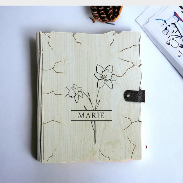 Journal en bois personnalisé, Cadeau d'anniversaire, Journal fleur de naissance, journal personnalisé avec nom, Cadeau fleur de naissance