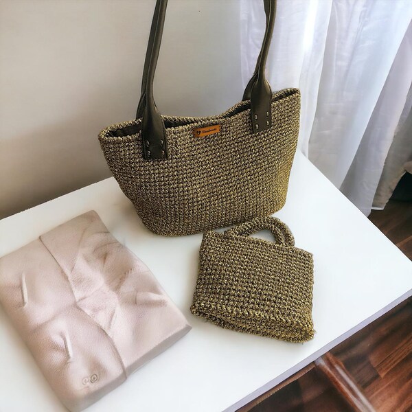 Sac vert au crochet, Sac à bandoulière, Sac pour femme tricoté à la main, Sac unique doré brillant, Pochette pour mariage, Sac à main tissé