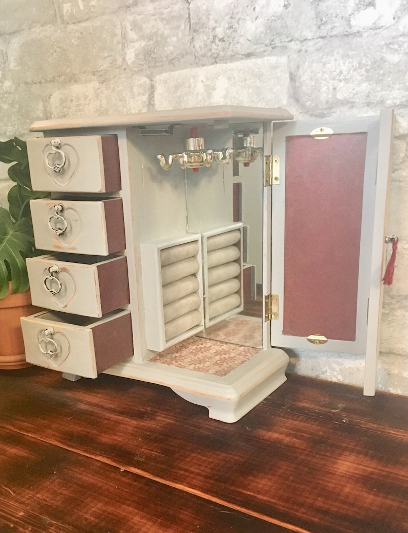Burgundy beauty Vintage shabby chic jewelry box refurbished upcycled