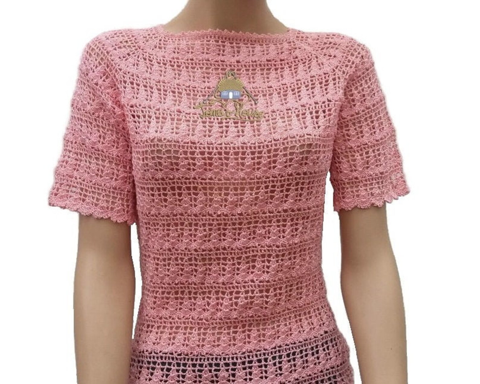 Pink crochet lace round neck short raglan sleeve top Crocheted image 0.