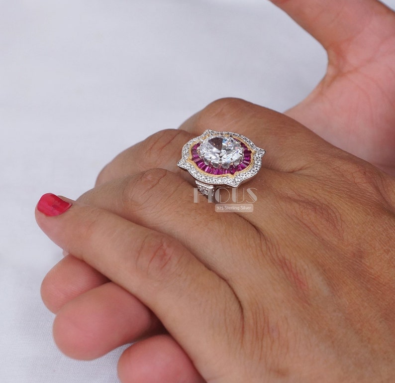 Vintage style Gift Wedding Engagement Women ring Lab Ruby Art Deco ring Antique Girl Lab Sapphire ring