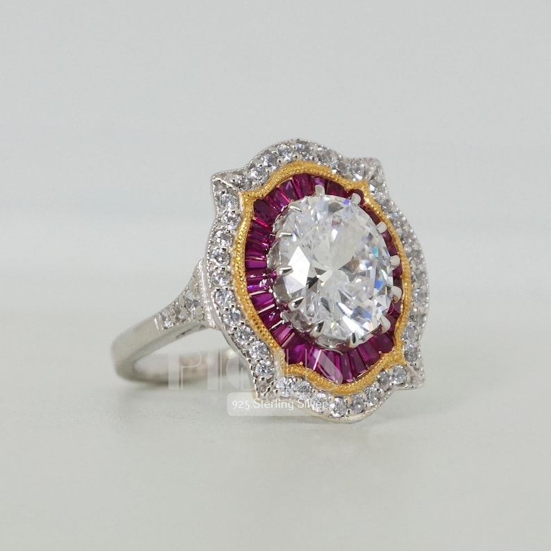 Vintage style Gift Wedding Engagement Women ring Lab Ruby Art Deco ring Antique Girl Lab Sapphire ring