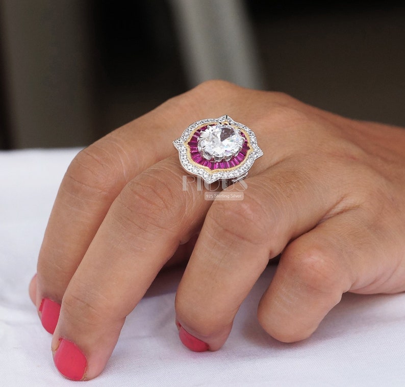 Vintage style Gift Wedding Engagement Women ring Lab Ruby Art Deco ring Antique Girl Lab Sapphire ring