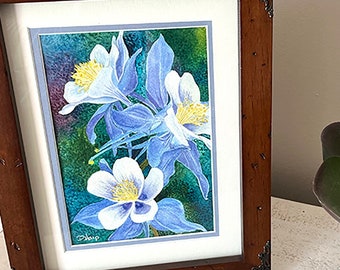 Original Watercolor Painting, Signed Columbine Flower Art, Matted Framed 8.5x10.5