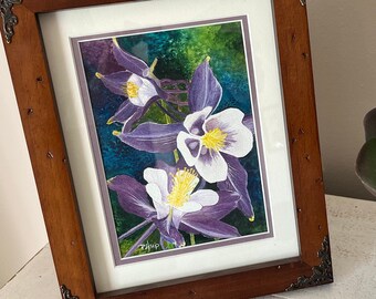 Original Watercolor Painting, Purple Columbine Flower, Signed Art, Matted Framed, Pam Harp Watercolors