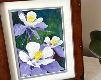 Original Watercolor Columbine Flower Painting, Signed Art, Matted Framed (5x7 Art, 8.5x10.5 Frame)