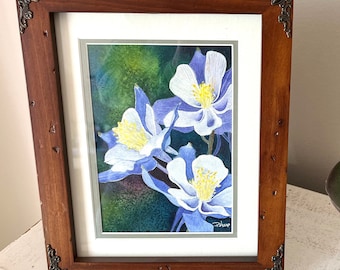 Original Watercolor Painting, Colorado Columbine Flower, Signed Art, Matted Framed (8.5 x 10.5")