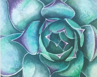 Teal and Purple Succulent Watercolor Painting, Original Signed Artwork
