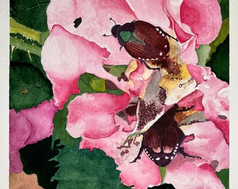 Original Watercolor Bug Painting, Japanese Beetle, Unframed Art, Ready to Frame