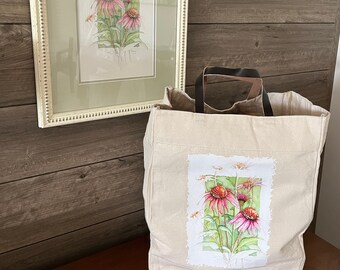 Oversized Canvas Tote Bag with Leather Straps, Coneflower Floral Graphic