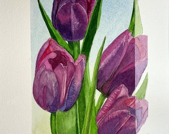 Original Watercolor Tulip Painting, Purple Tulip, Unframed Art, Ready to Frame