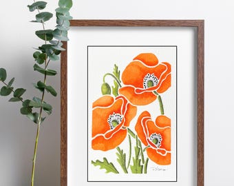Original Watercolor Painting | Orange Poppy Floral Art | Pam Harp Botanical Artwork
