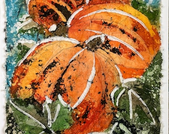 Original Watercolor Batik Pumpkin Painting, Fall Floral Art (8x9)