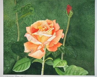 Original Watercolor Rose Painting, Salmon Rose, Unframed Art, Ready to Frame, Mother's Day Gift