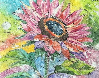 Original Sunflower Watercolor Batik Painting, Signed Art (9x9)