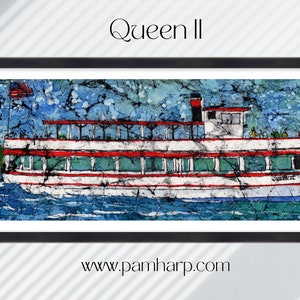 May include: A framed artwork depicting a steamboat named "Queen II" with red and white accents, an American flag, and the word "SURE" on the side. The artwork is set against a blue and green background, with the artist's website at the bottom.
