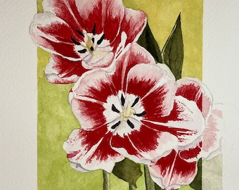 Original Watercolor Tulip Painting, Red Tulip, Unframed Art, Ready to Frame