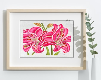 Original Watercolor Painting | Pink Lily | Matted Floral Art, 7x5"  | Pam Harp Watercolors