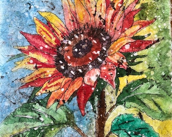 Signed Original Sunflower Watercolor Batik, Unframed (9x9")