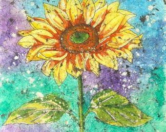 Original Watercolor Sunflower Batik Painting, Signed, 9x9 Unframed