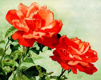 Orange Watercolor Rose Art Print, Signed Floral Wall Art (14x11" Matted)