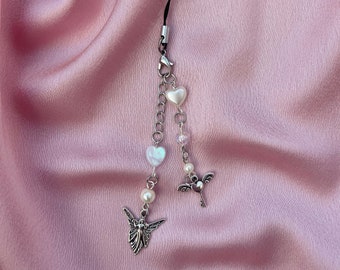 Dainty fairycore angel phone charm | pastel goth | y2k phone charm | kawaii | heart beaded phone charm | gift for her | valentines gift