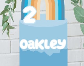 Decorazione per torta arcobaleno, decorazione per torta arcobaleno blu, decorazione per torta ispirata a Bluey, personalizzata con nome ed età a strati