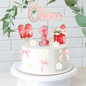 Strawberry First Birthday Cake Topper | Personalized Name & Age | Girl’s Berry First Birthday Party Decor|Berry Cake topper| Strawberry cake