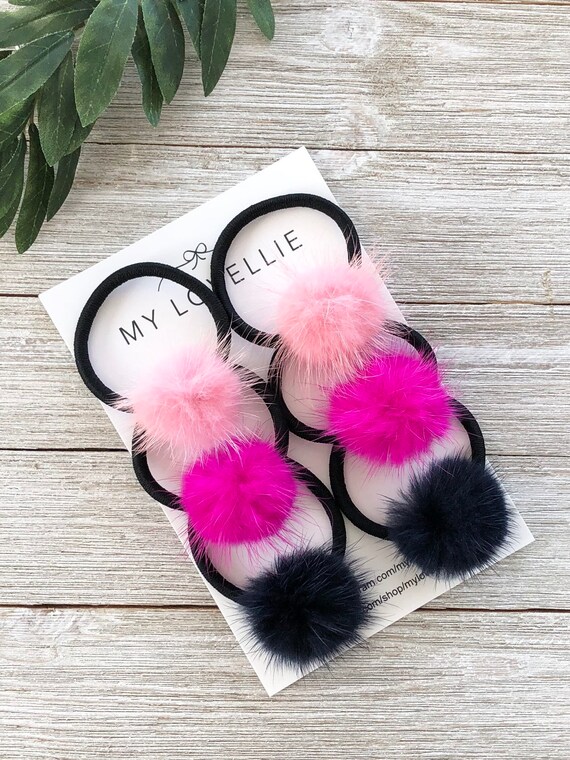 Set of 2 mink pom pom hair ties/pigtails/pink/hot pink/navy Etsy