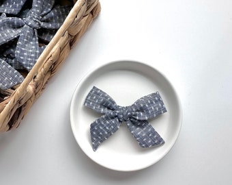 Small schoolgirl cotton bow, navy with white dots, nylon headband, alligator clip, baby, girl, hair accessories