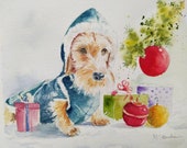 Original watercolor on paper Moulin du Roy , 20 20 , a wirehaireddachsund
