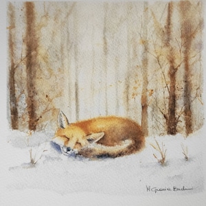 Tirage d’artiste d’après mon aquarelle originale, un renard dans les bois d’hiver, 20*20 cm