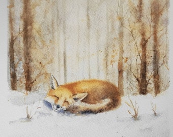 Fine artist print from my original watercolor, a fox in the winter's woodland, 20*20 cm