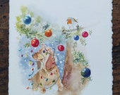 Original watercolor on paper Amatruda , a Christmas puppy dachshund , 11,5 14,5 cm