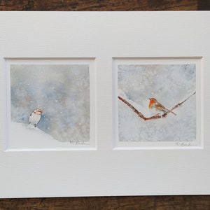 Oiseaux d&#39;hiver, rouge-gorge et zigolo delle nevi, tirage d&#39;art de mes aquarelles originales encadrées de passepartout, 30*19cm
