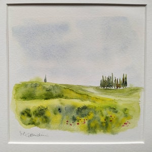 Originalaquarell auf Amatruda mit Passepartout, ""Val d'Orcia"" in der Toskana." 15×15cm (24*24cm mit Passepartout)