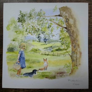 Impression d'art de mon aquarelle originale sur 100% coton Hahnemühle Museum Etching 350gr , la bimba e la volpe 20*20 cm.