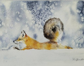 Fine art print from my original watercolor,27*15 cm , A fox in the snow