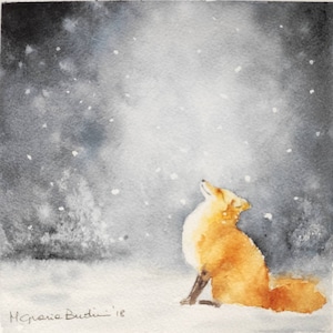 Reproduction d’art, le renard dans la neige, reproduction de mon aquarelle originale, 20*20cm