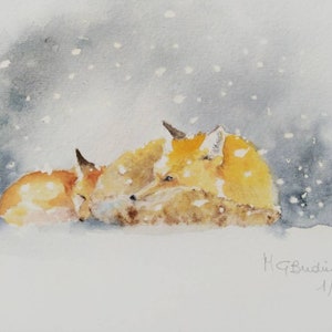 Tirage d’artiste de mon aquarelle originale, 20 * 20. Canson Etching rag Edition 270gr , Redfox et son chiot . Édition limitée