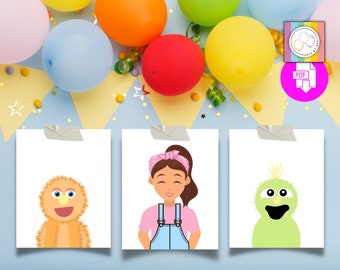 May include: Three printable cards featuring Sesame Street characters. The first card shows a yellow and orange furry character with blue eyes. The second card shows a girl with brown hair wearing a pink headband and a blue overall dress. The third card shows a green furry character with yellow hair and black eyes.