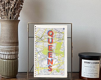 NYC Queens Screen Printed Road Map | NYC Wall Art | Queens Art Print | Long Island City Astoria Bayside Corona Park Flushing Meadows