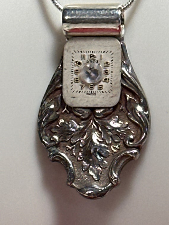 Antique spoon necklace with watch face and clear crystal