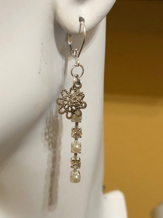 Handmade pearl, crystal and silver earrings